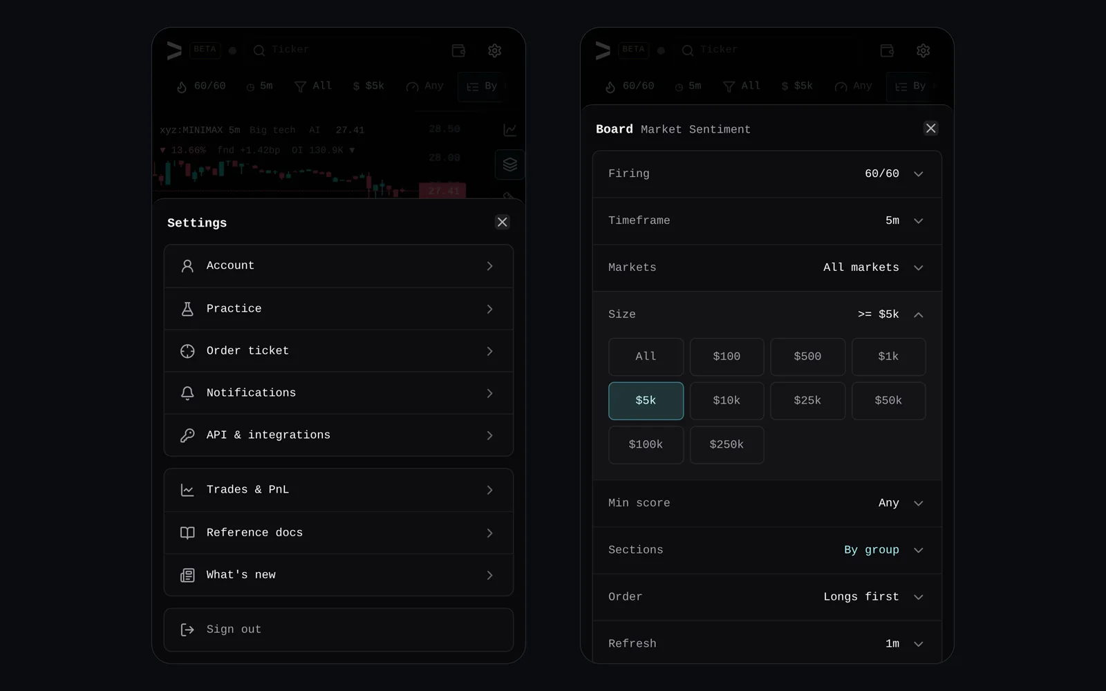 Two phone screens: the Settings sheet behind the gear, listing account, practice, order ticket, notifications, API, Trades & PnL, docs, What’s new and sign out; and the Board sheet opened from the size chip, its size picker open above the min score, sections, order and refresh rows, each showing its value.